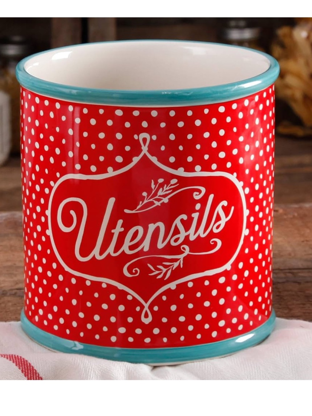 The Pioneer Woman Utensils Crock Polka Dot Red/Teal Stoneware